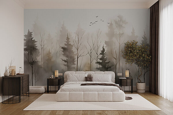Group of trees in fog Wall murals Group of trees in fog