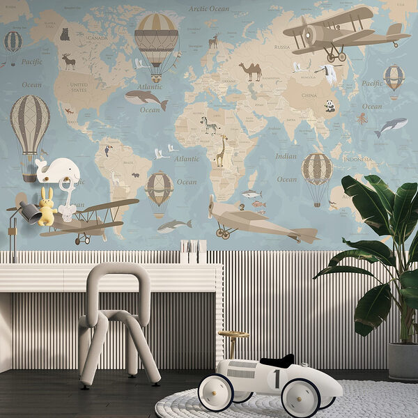 Wall mural Map of the world with airplanes and hot air balloons
