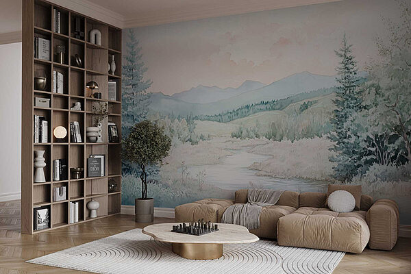 Watercolor painting of a river in a valley Wall murals Watercolor painting of a river in a valley