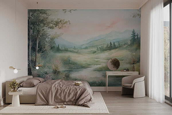Watercolor painting of a river running through a valley Wall murals Watercolor painting of a river running through a valley