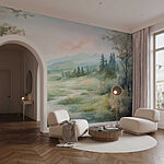 Wall mural Watercolor painting of a river running through a valley