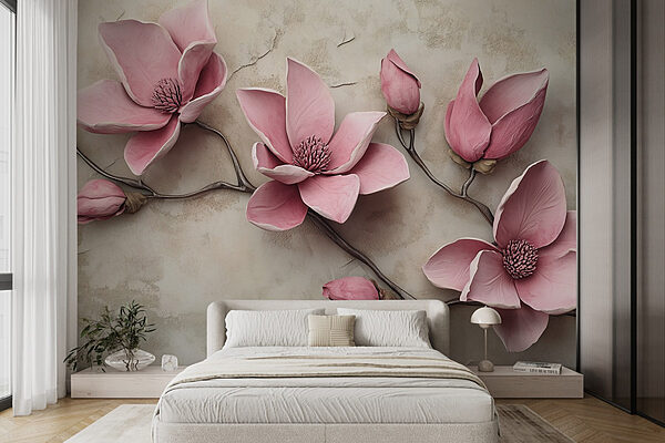 Group of pink flowers on a white surface Wall murals Group of pink flowers on a white surface