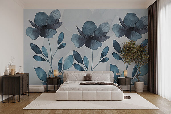 Wall murals Blue flowers and leaves (SKU: w02800) Wall murals Wall murals Blue flowers and leaves (SKU: w02800)