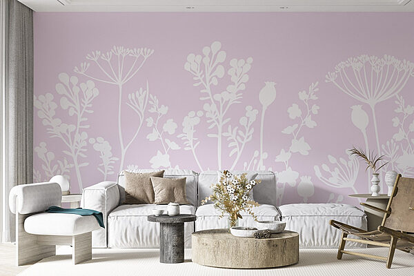 White flowers and leaves on a pink background Wall murals White flowers and leaves on a pink background
