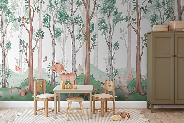 Wallpaper with a forest of trees and animals Wall murals Wallpaper with a forest of trees and animals