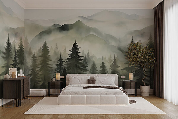 Foggy mountain range with trees Wall murals Foggy mountain range with trees