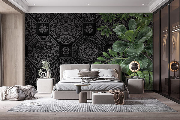 Wall murals Black and grey wallpaper with green leaves