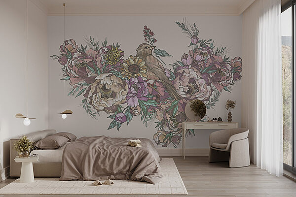 Bird sitting on a bouquet of flowers Wall murals Bird sitting on a bouquet of flowers