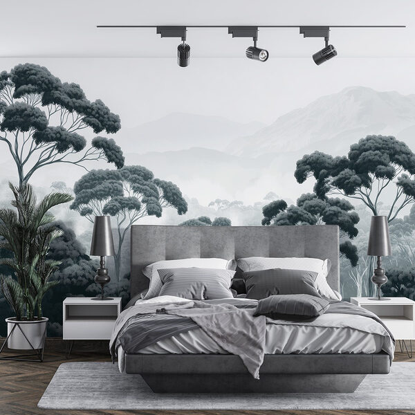 Forest with trees and mountains in the background Wall murals Forest with trees and mountains in the background