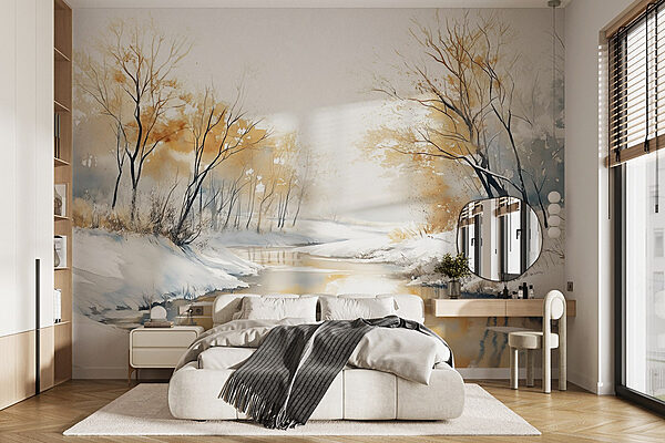 River with snow and trees Wall murals River with snow and trees