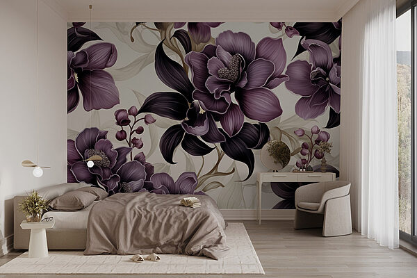 Elegant purple floral arrangement on display Wall murals Elegant purple floral arrangement on display