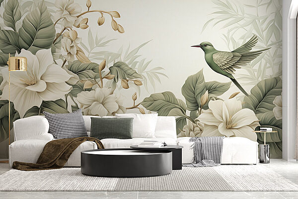Bird on a branch with flowers Wall murals Bird on a branch with flowers