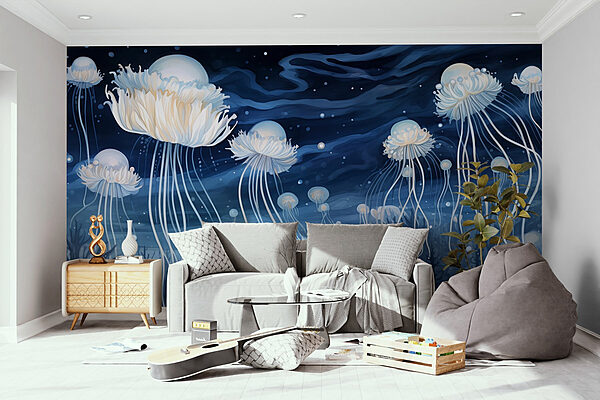 Group of jellyfish under the night sky Wall murals Group of jellyfish under the night sky