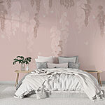 Wall murals Pink and white background with leaves and butterflies