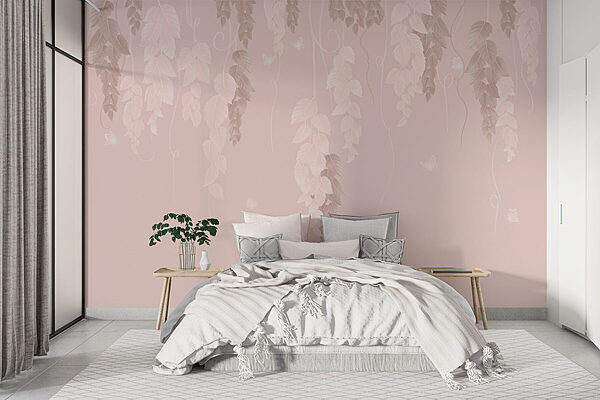 Pink and white background with leaves and butterflies Wall murals Pink and white background with leaves and butterflies