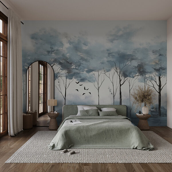 Wall murals Group of trees with birds flying in the air