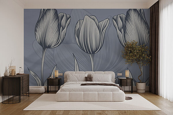 Wall murals Line of flowers on a blue background