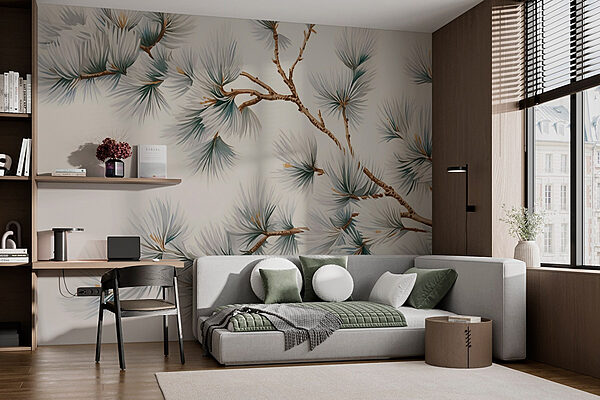 Delicate pine branches in soft hues Wall murals Delicate pine branches in soft hues