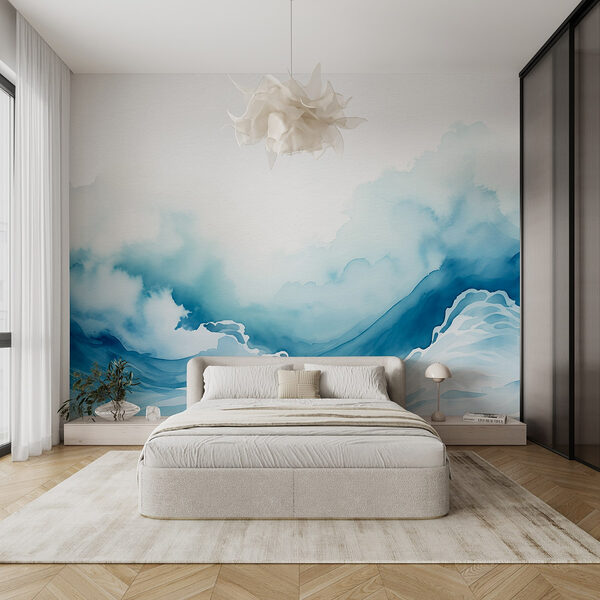 Watercolor of a mountain with clouds Wall murals Watercolor of a mountain with clouds