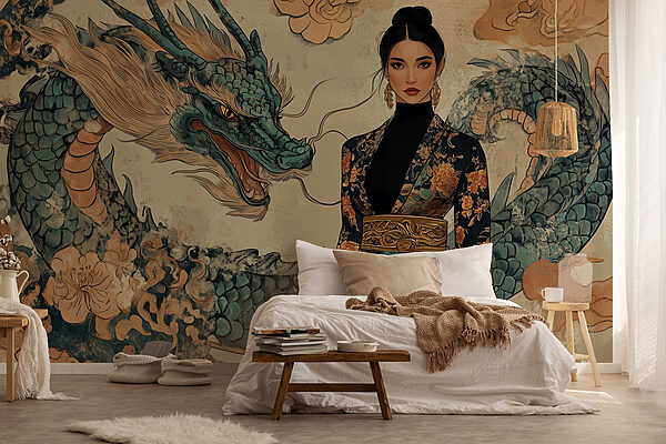 Woman in a kimono and a dragon Wall murals Woman in a kimono and a dragon