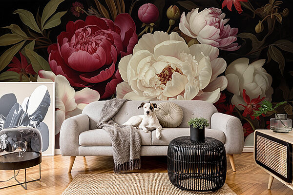 Wall mural Painting of flowers on a black background