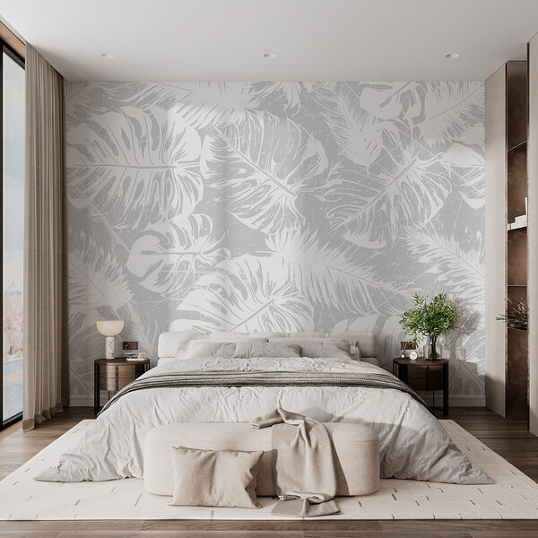 Wall murals White leaves on a gray background