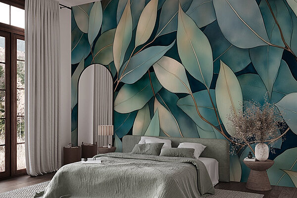 Wall murals Group of leaves on a blue background