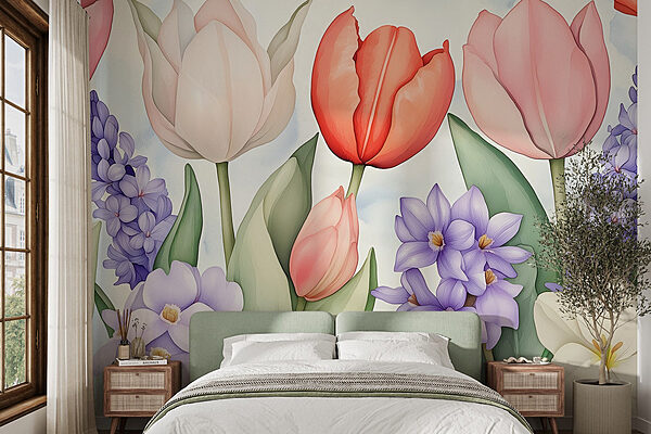 Wall murals Group of flowers with leaves
