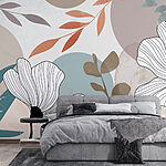 Wall murals White flowers with brown leaves and blue circles