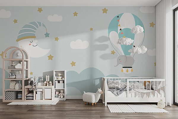 Cartoon elephant and moon in the sky Wall murals Cartoon elephant and moon in the sky