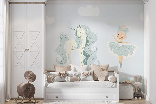 Cartoon of a girl and a unicorn Wall murals Cartoon of a girl and a unicorn