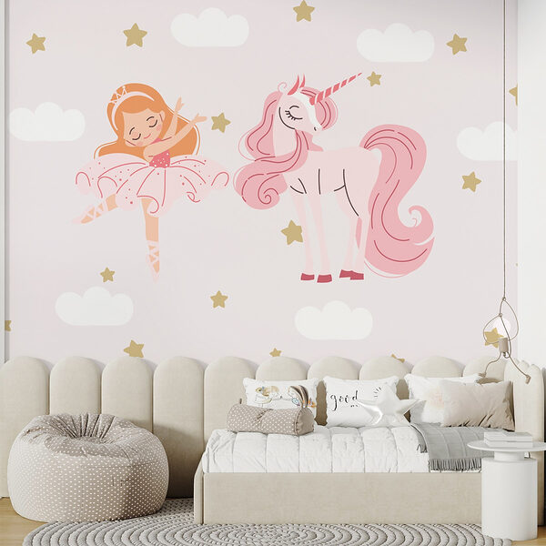 Cartoon of a girl ballet dancer and a unicorn Wall murals Cartoon of a girl ballet dancer and a unicorn