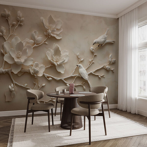 White bird on a branch with flowers Wall mural White bird on a branch with flowers
