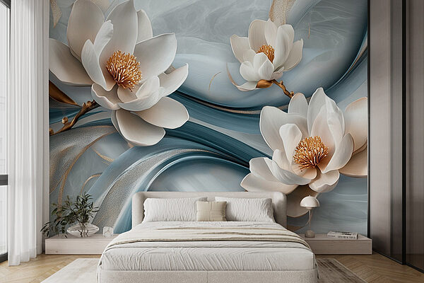 Wall murals Delicate blooms on flowing canvas (SKU: w08695) Wall murals Wall murals Delicate blooms on flowing canvas (SKU: w08695)