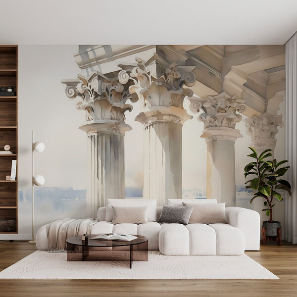 Watercolor painting of a building with columns and a city in the background Wall murals Watercolor painting of a building with columns and a city in the background