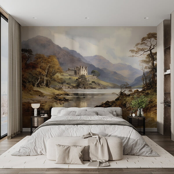 Watercolor painting of a castle on a hill with trees and mountains Wall murals Watercolor painting of a castle on a hill with trees and mountains