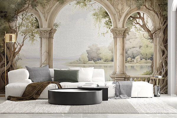 Watercolor painting of a stone archway with trees and a lake Wall murals Watercolor painting of a stone archway with trees and a lake