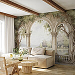 Wall murals Watercolor painting of a stone archway with trees and a lake