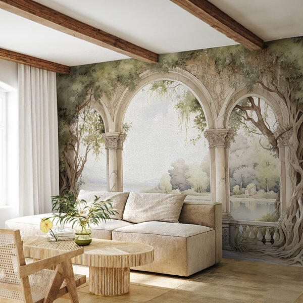 Wall murals Watercolor painting of a stone archway with trees and a lake (SKU: w02976) Wall murals Wall murals Watercolor painting of a stone archway with trees and a lake (SKU: w02976)