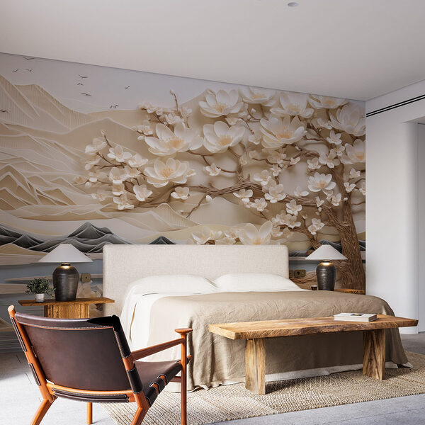 Wall murals Tree with white flowers and mountains