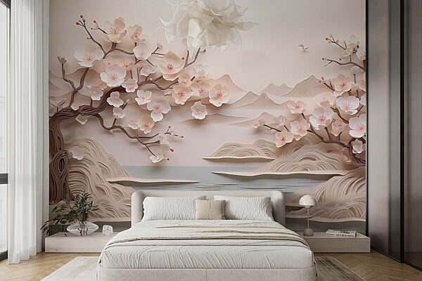 Wall murals Paper cut out of a tree with flowers and water