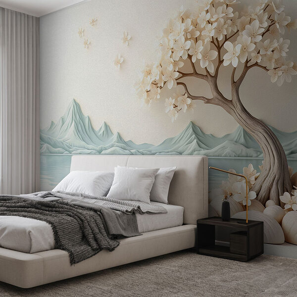 Wall murals Tree with flowers and rocks next to water