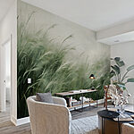 Wall mural Field of grass with white clouds