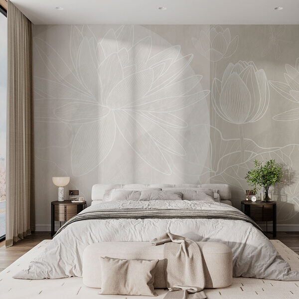 White flower drawing on a grey background Wall murals White flower drawing on a grey background