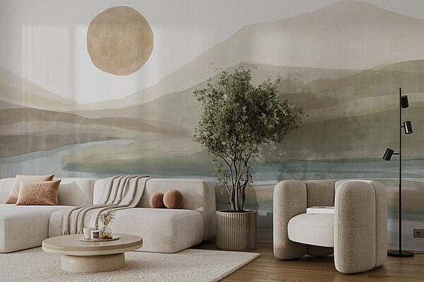 Watercolor painting of a river and mountains Wall murals Watercolor painting of a river and mountains