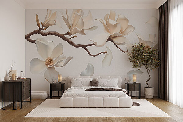 Wall murals Branch with white flowers and petals (SKU: w08706) Wall murals Wall murals Branch with white flowers and petals (SKU: w08706)