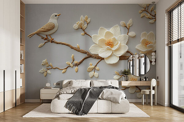 Wall murals Bird on a branch with flowers (SKU: w08724) Wall murals Wall murals Bird on a branch with flowers (SKU: w08724)