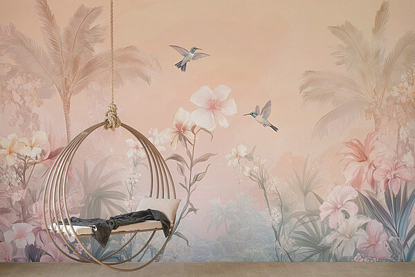 Group of birds flying over flowers Wall murals Group of birds flying over flowers
