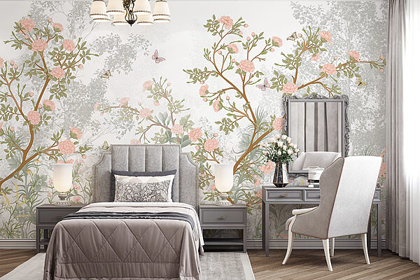 Painting of a tree with flowers and butterflies Wall murals Painting of a tree with flowers and butterflies