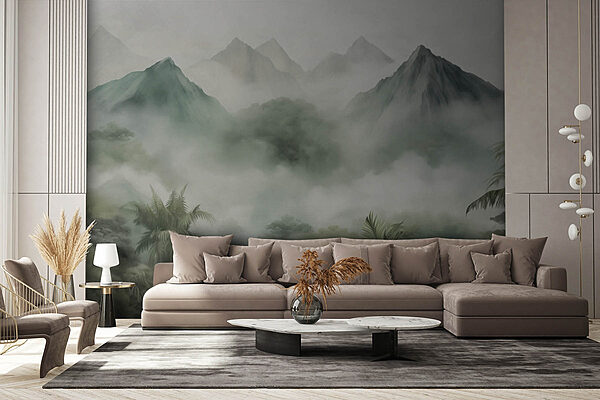 Foggy landscape with mountains and trees Wall murals Foggy landscape with mountains and trees